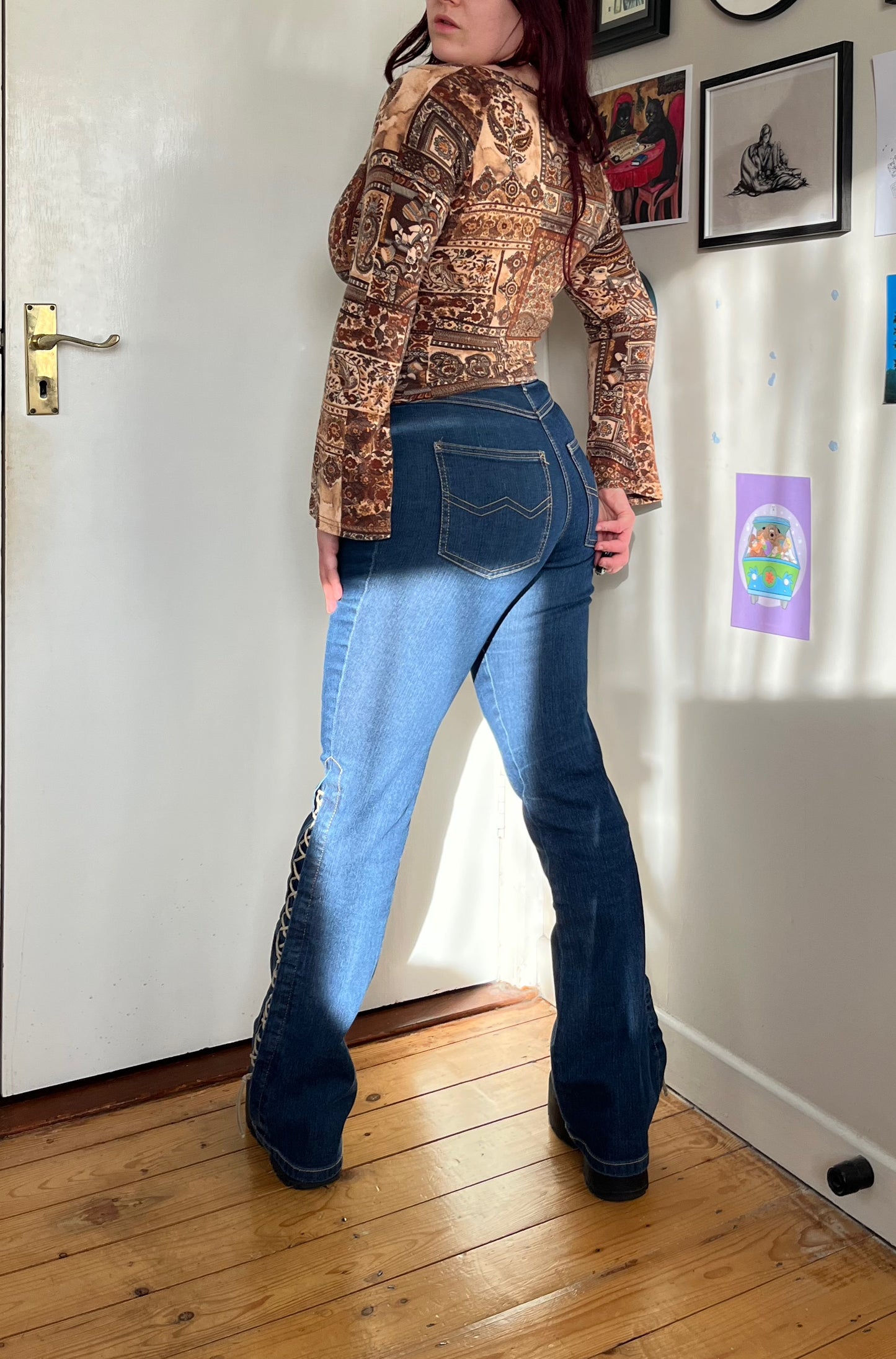 Flared Jeans With Lace Up Design - UK 8-10