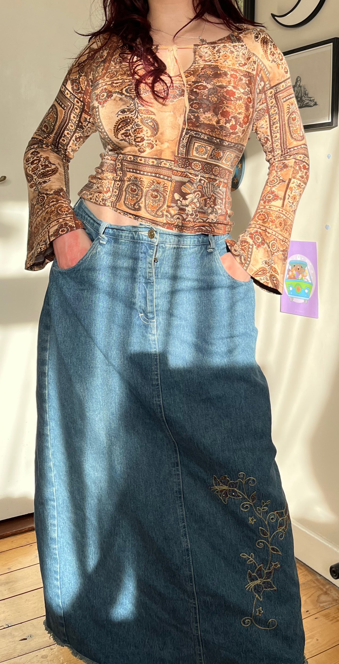 Embroidered Denim Maxi Skirt - UK 16
