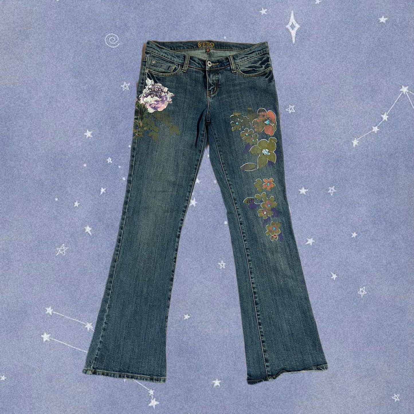 Flared Jeans With A Painted Design - UK 10