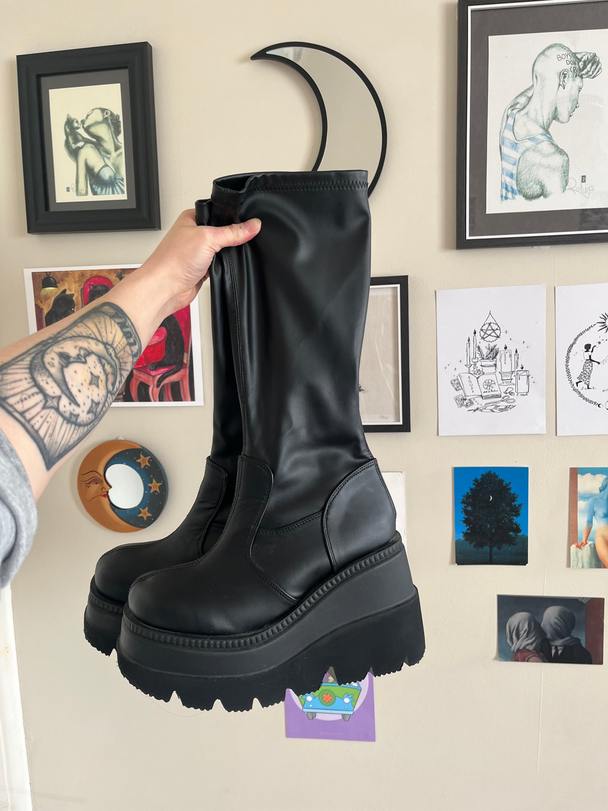 Leather Demonia Shaker 65s Shaker 65 Black Matte Platform Wedge