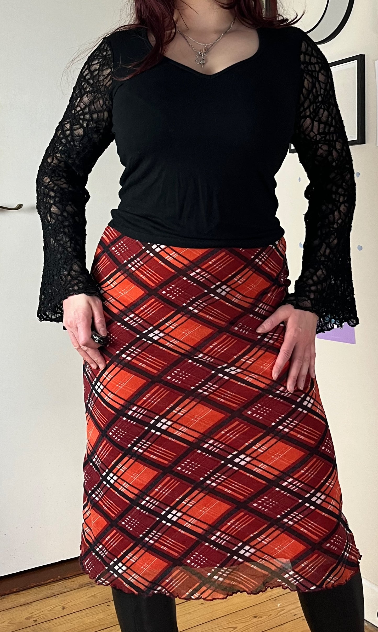 Orange Plaid Midi Skirt UK 10-12