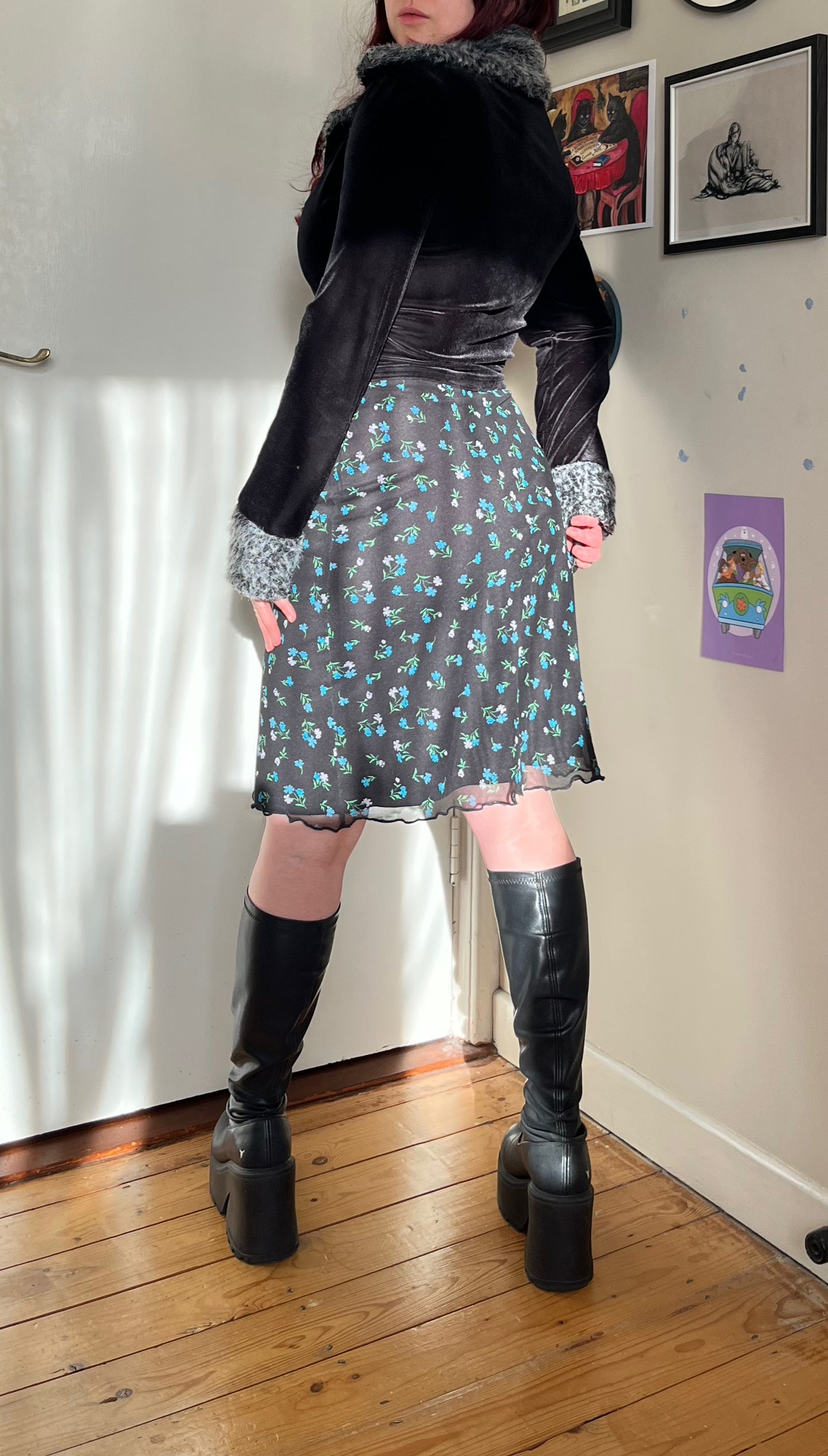 Black Floral Mesh Midi Skirt - UK 8-10