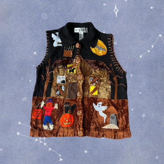 Haunted House 1990s Halloween Sweater Vest S-M