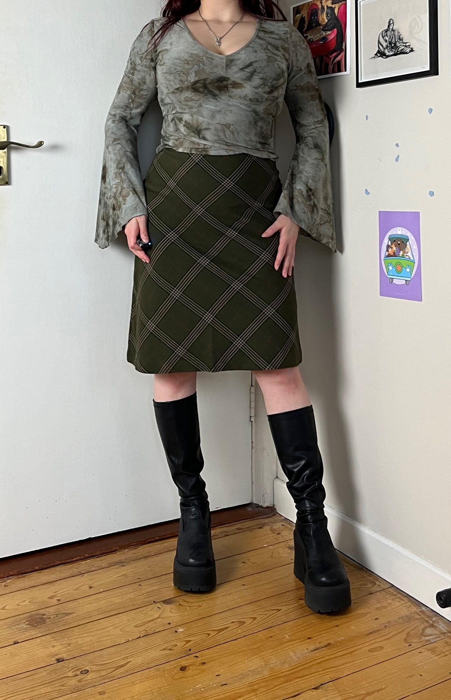 Green Tartan Midi Skirt UK 10