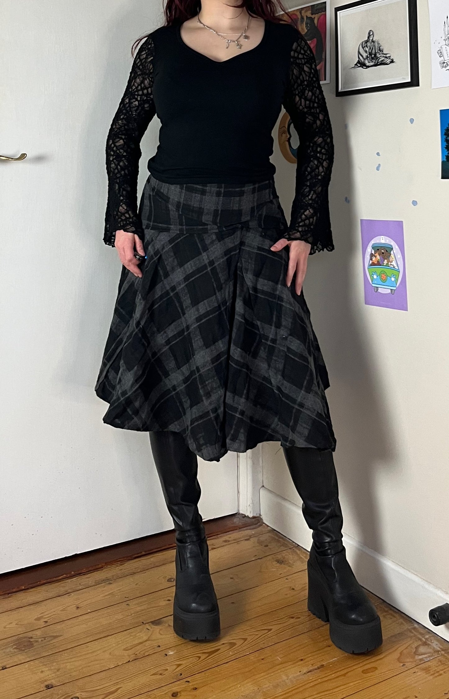 Black/Grey Tartan Midi Skirt UK 12