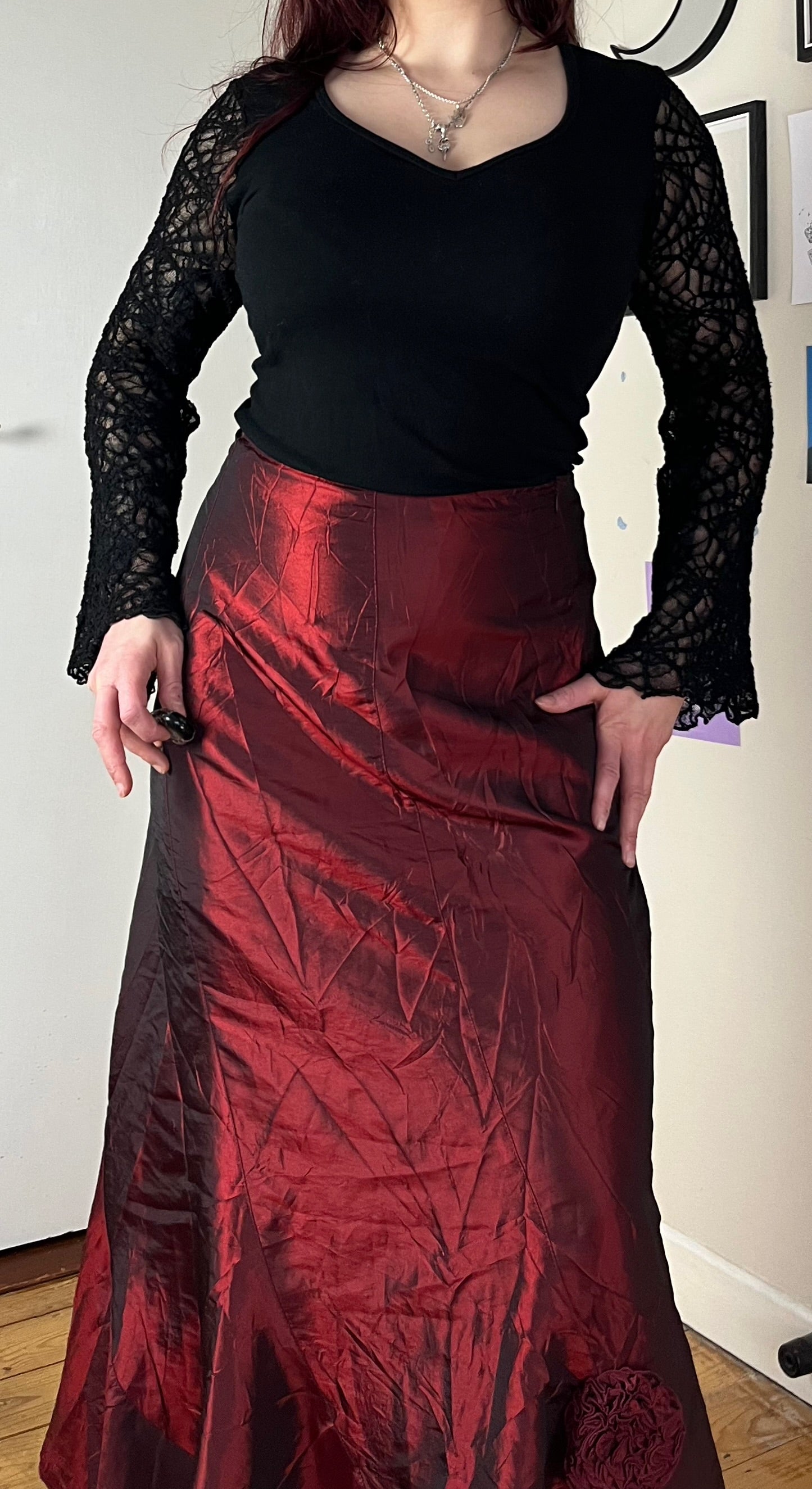 Red Satin Maxi Skirt UK 14