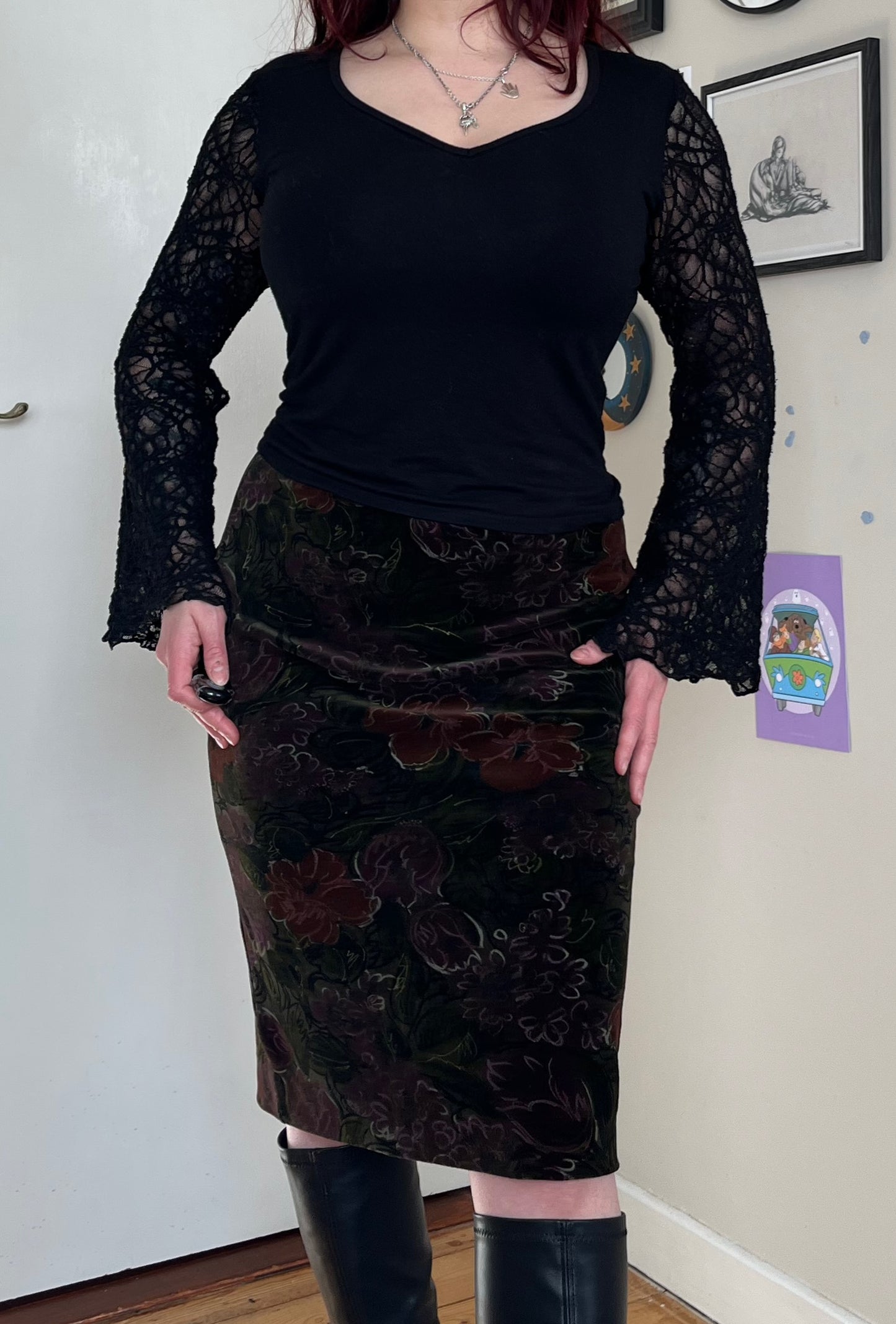 Floral Velvet Midi Skirt UK 8-10
