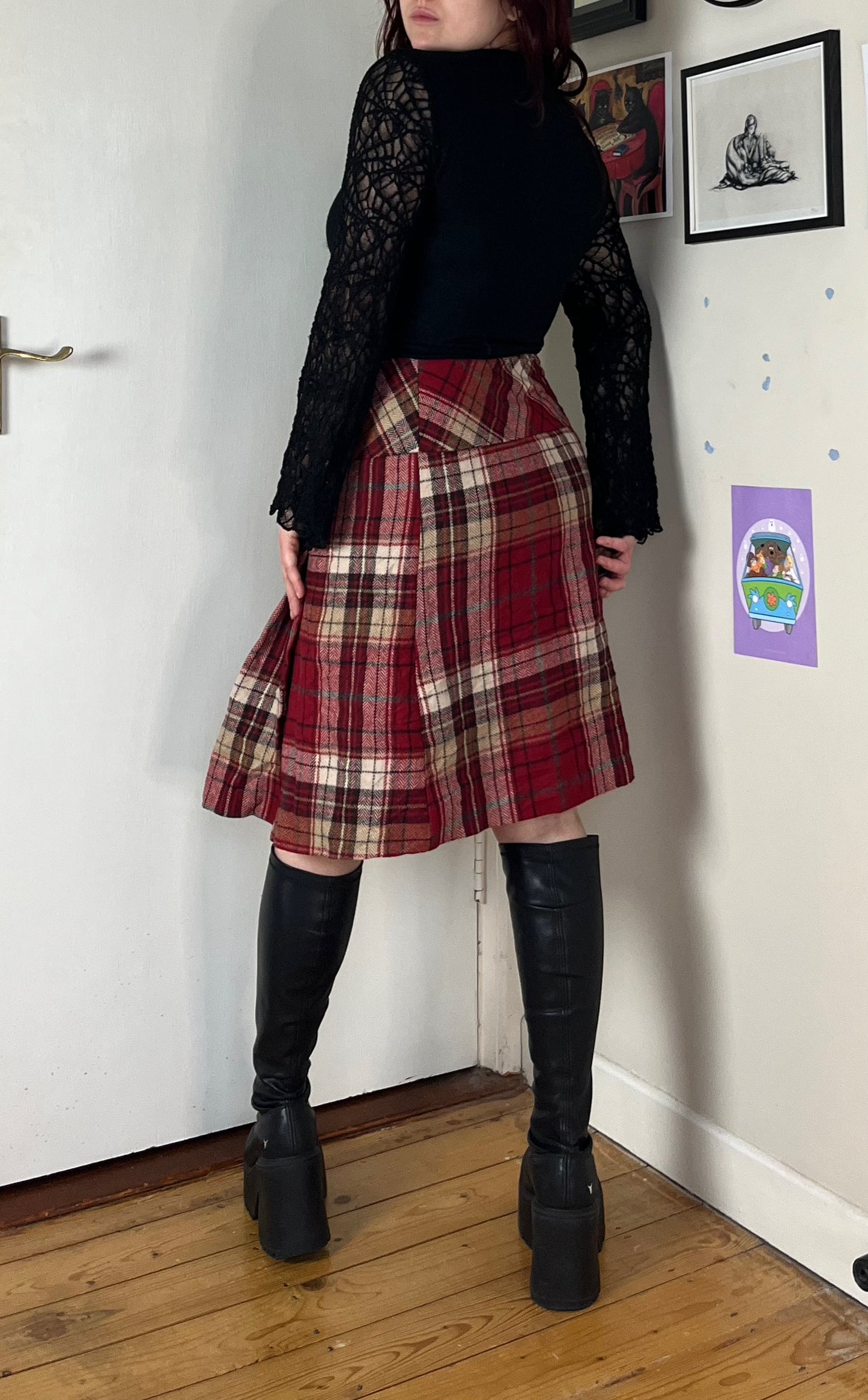 Red Tartan Midi Skirt UK 14