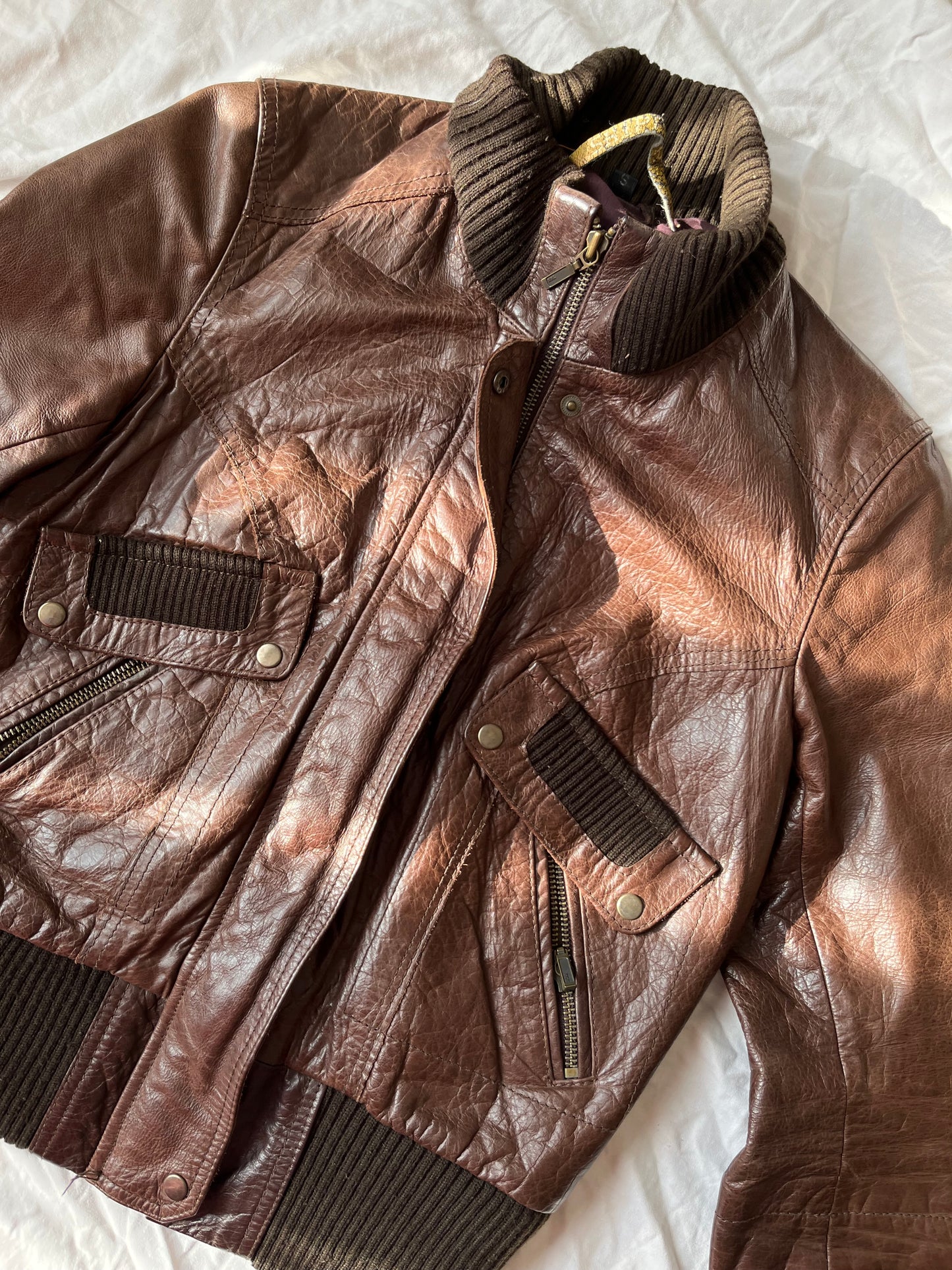 Brown Leather Bomber Jacket UK 8-10