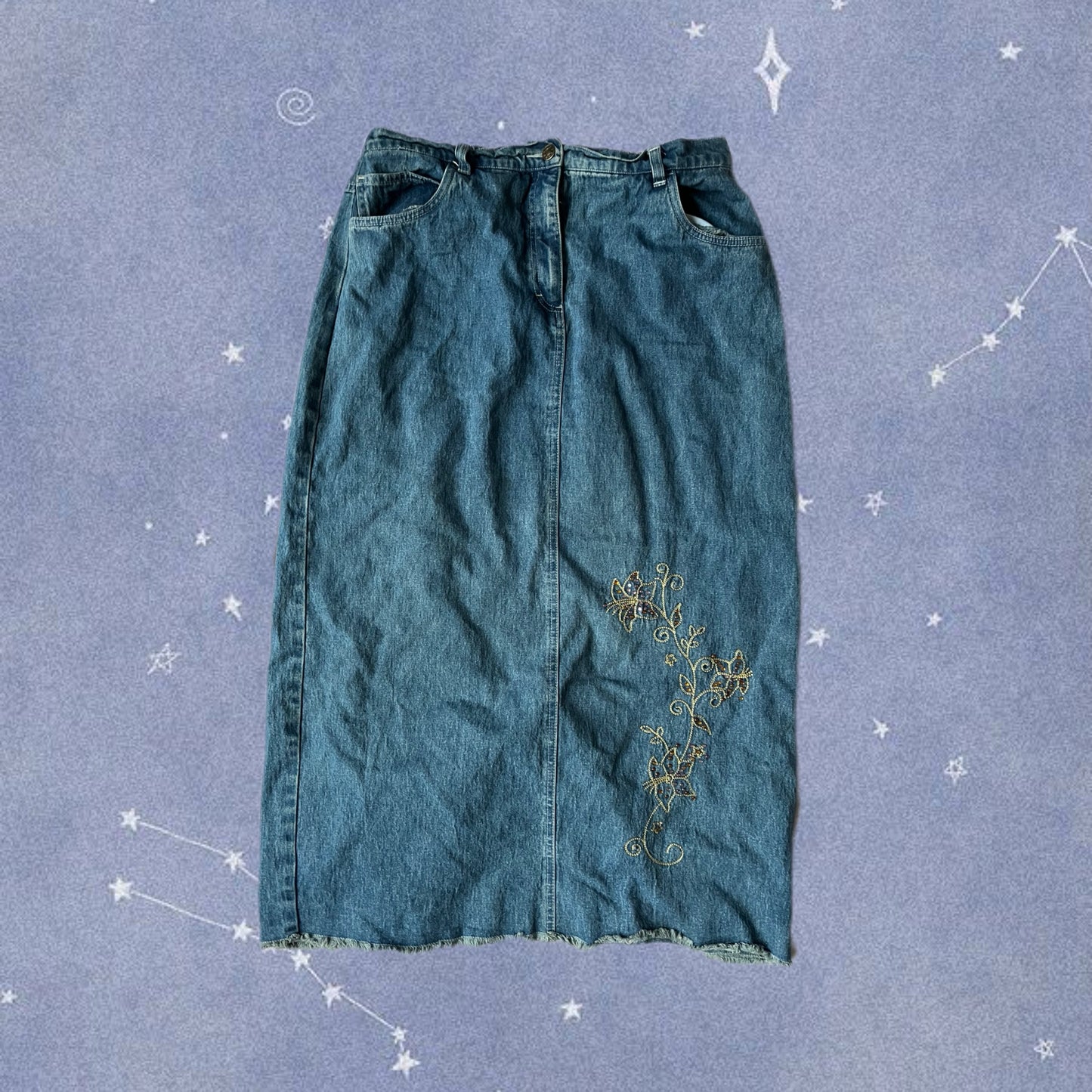 Embroidered Denim Maxi Skirt - UK 16