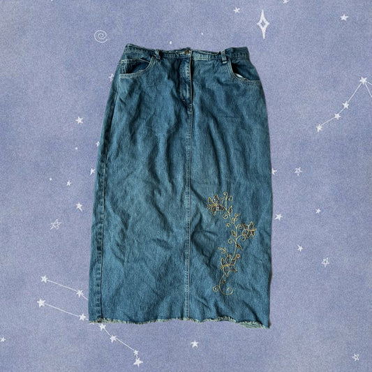 Embroidered Denim Maxi Skirt - UK 16