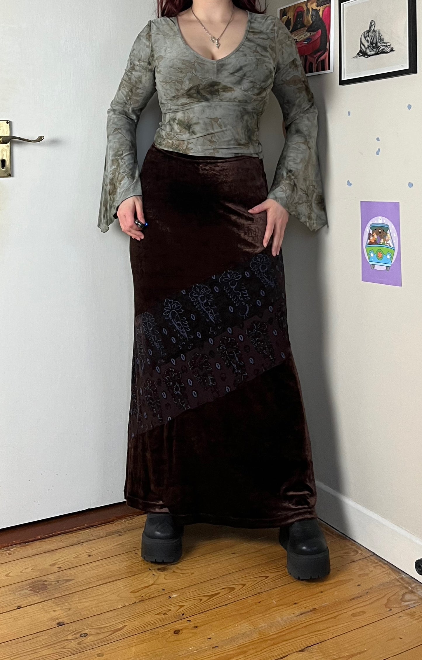 Brown Floral Velvet Skirt UK 10-12