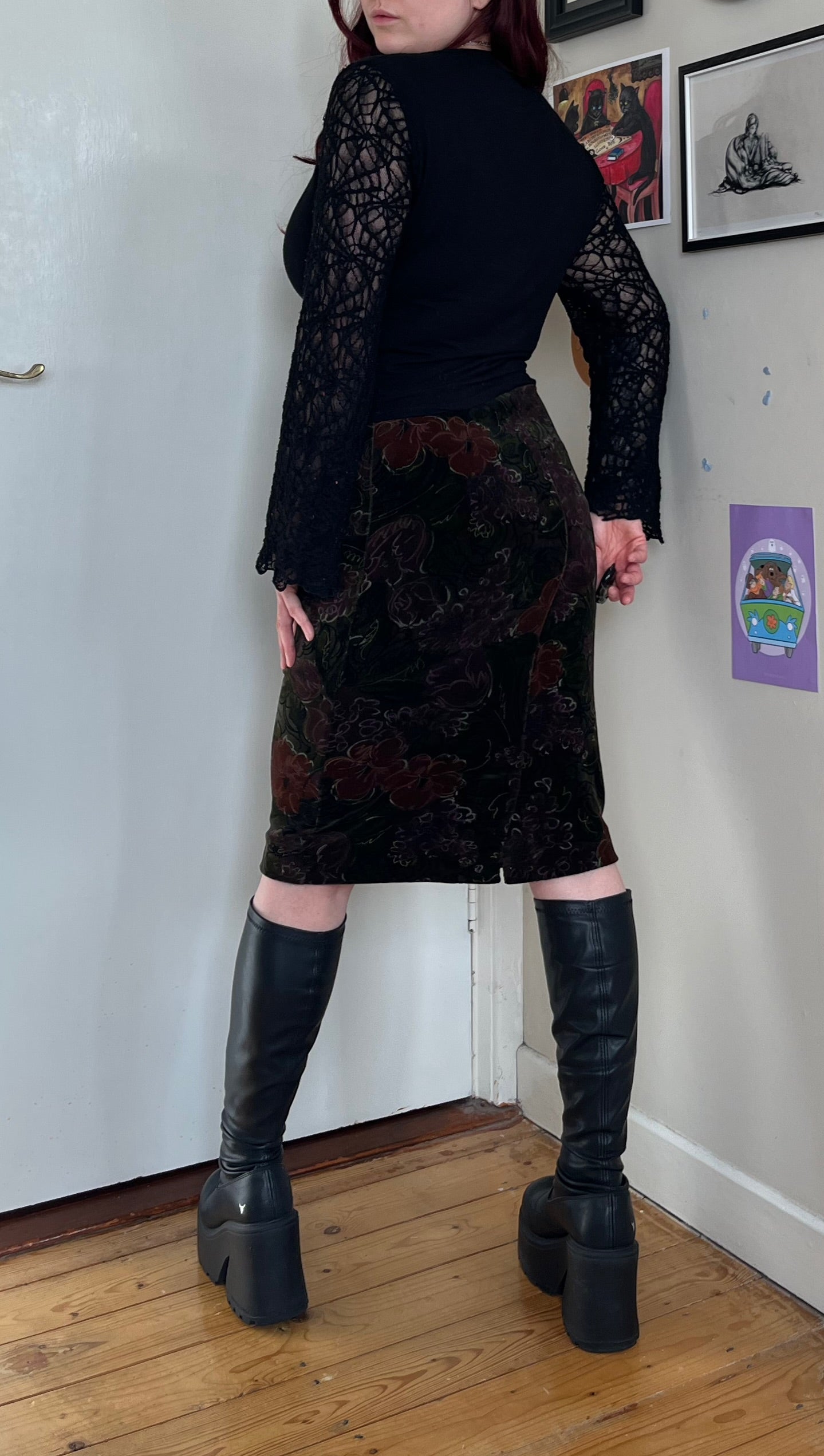 Floral Velvet Midi Skirt UK 8-10