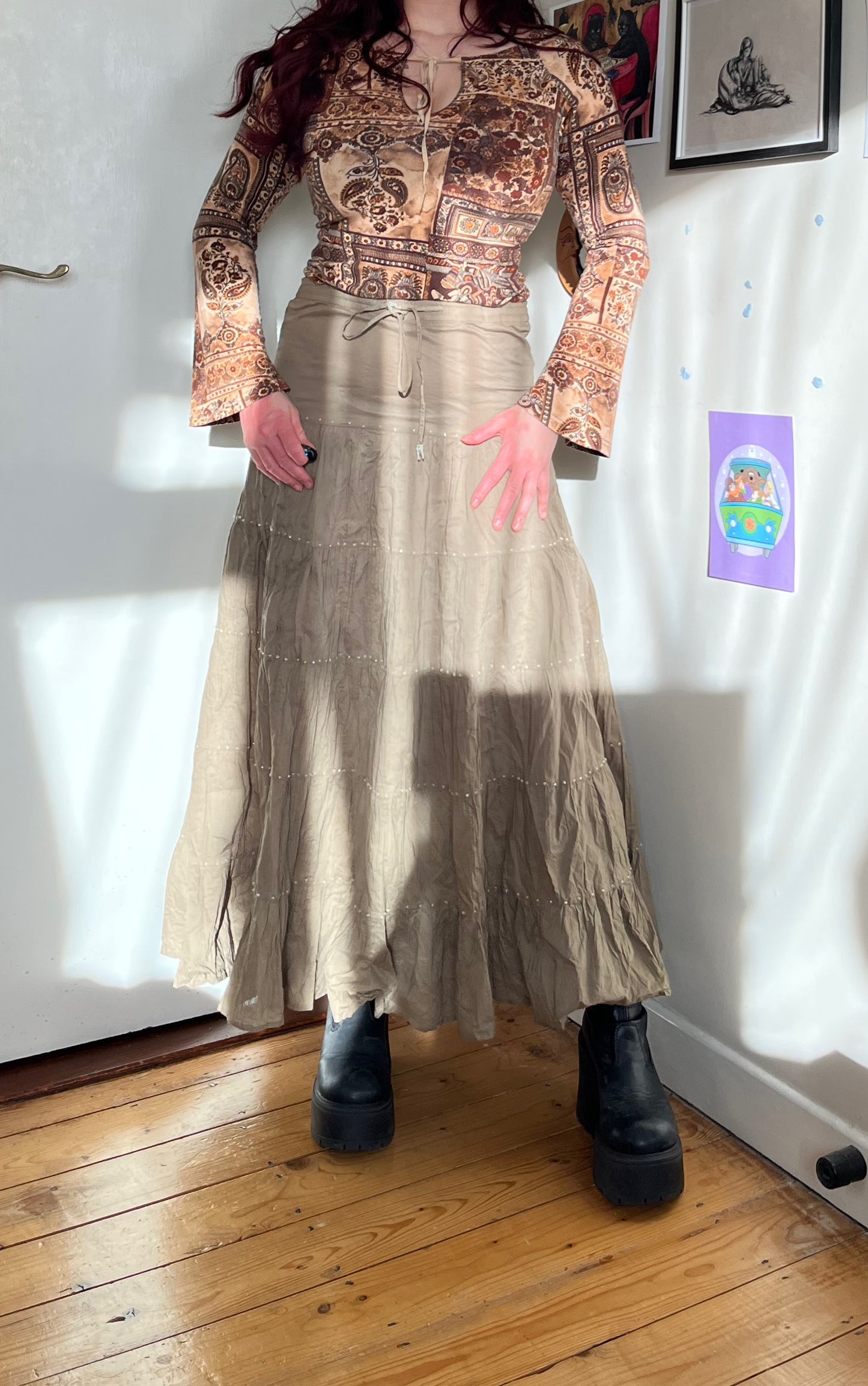 Khaki Green Tiered Skirt - UK 16