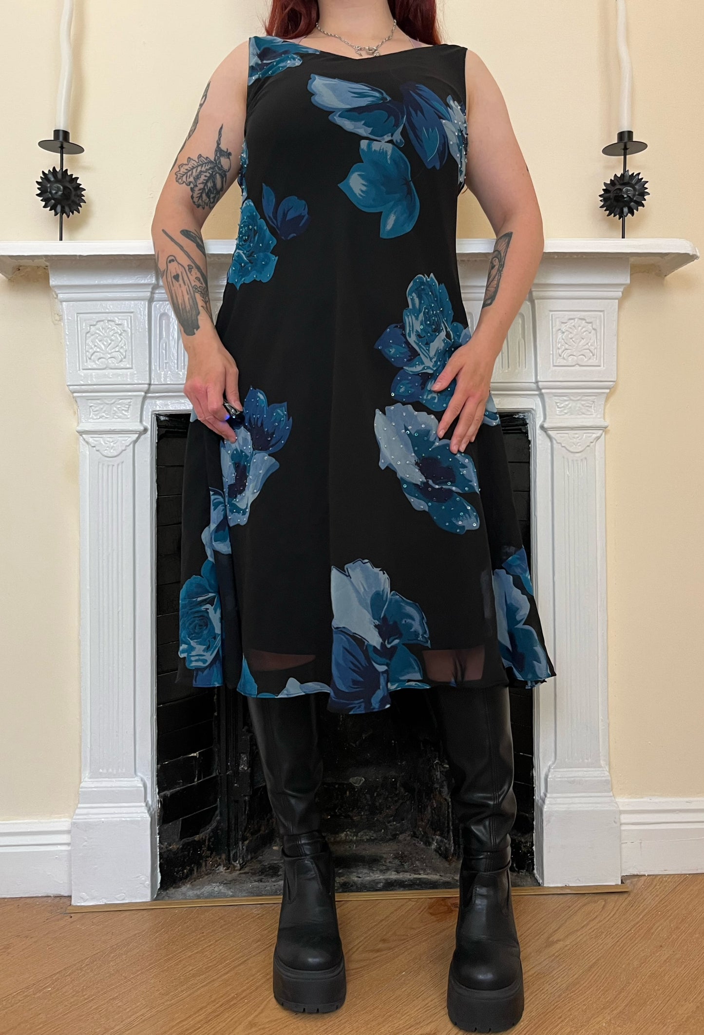 2000s Floral Mesh Dress UK 12