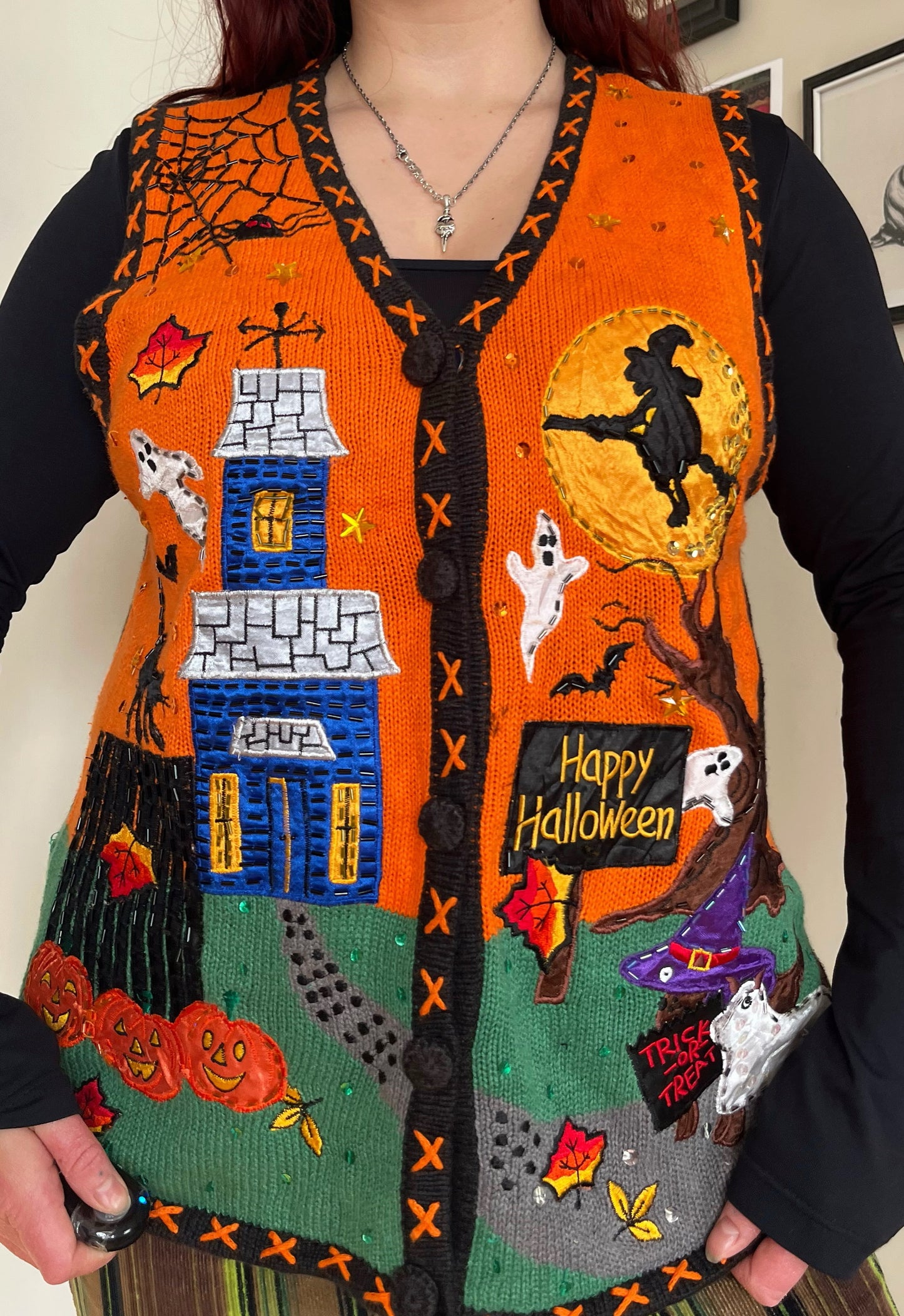 Ghost Town 1990s Halloween Sweater Vest L