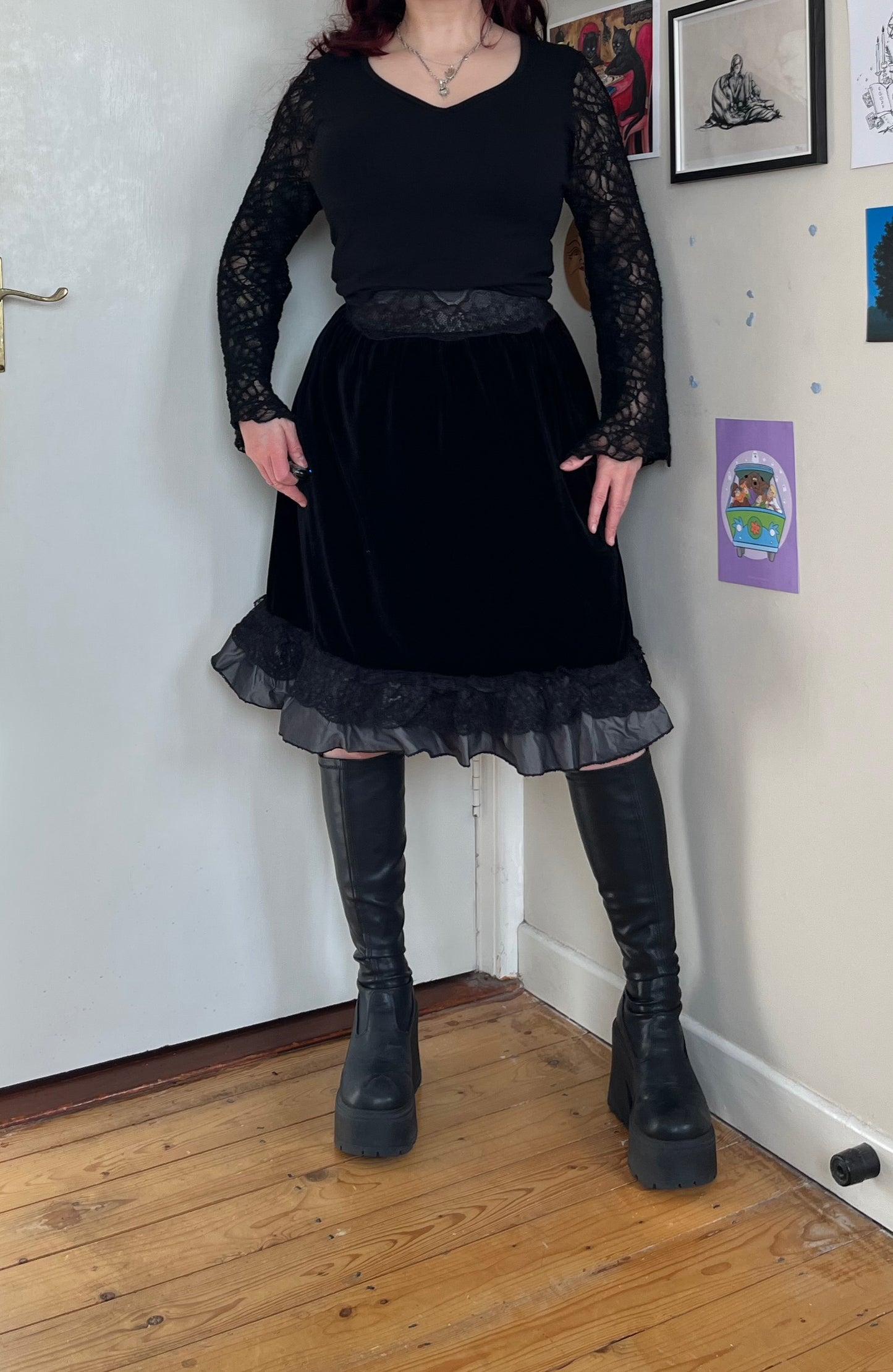Black Velvet Midi Skirt UK 12