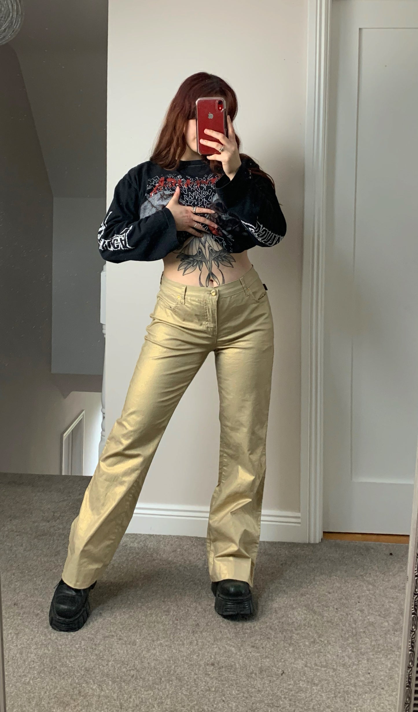 90s Gold Flared Pants by Moshino UK 12