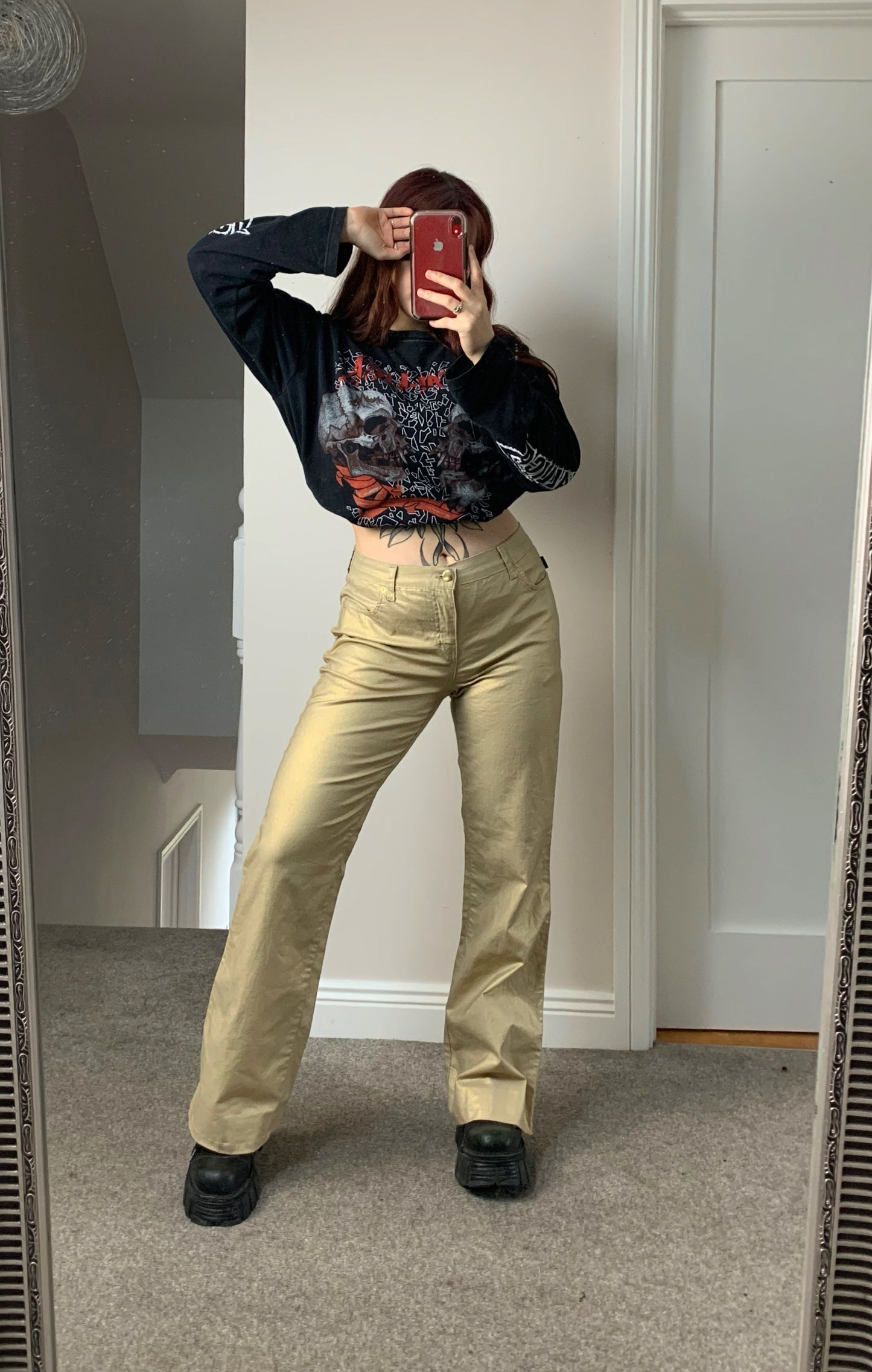 90s Gold Flared Pants by Moshino UK 12